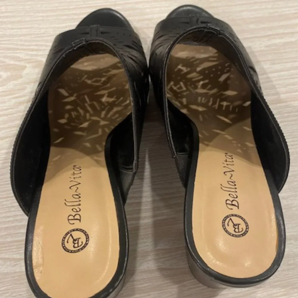 BELLA VITA Leather Laser Cut Peep Toe Slide Heels